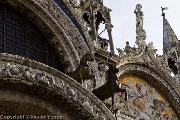 A look at the horses in front of the San Marco cathedral in Venice, Italy