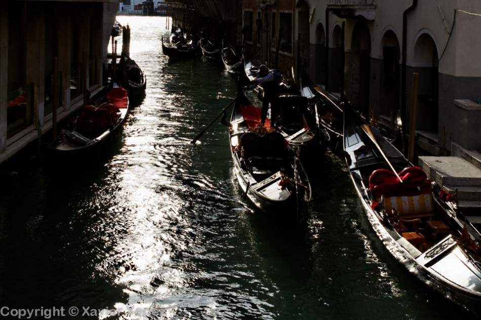 Silhouettes of gondolier and gondolas, Venice, Italy