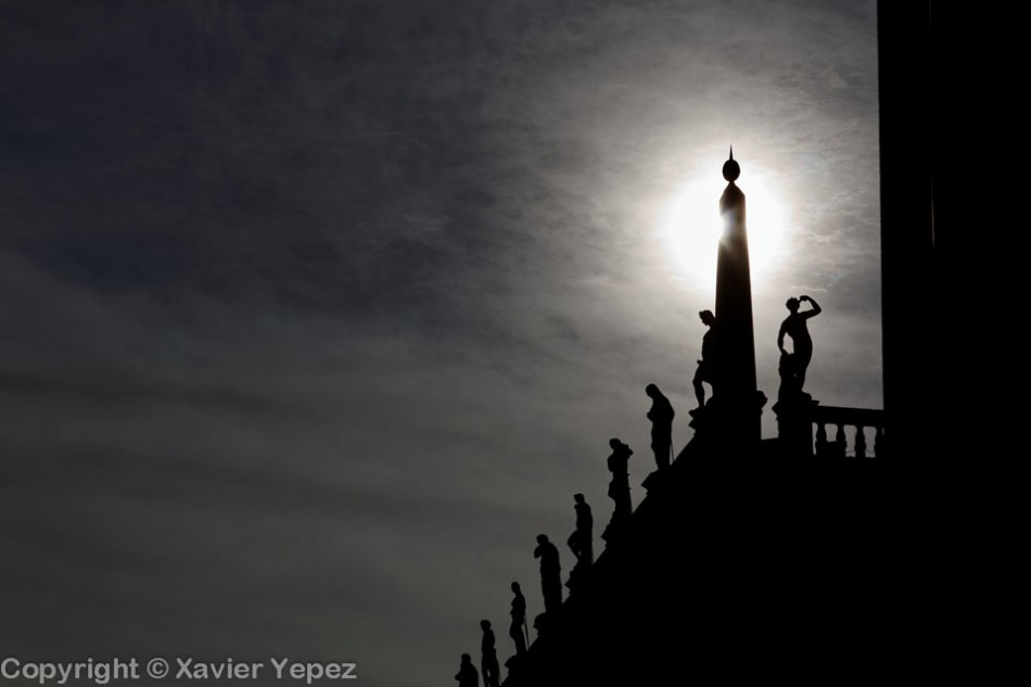 Silhouettes of sculptures in Piazza San Marco, Venice, Italy
